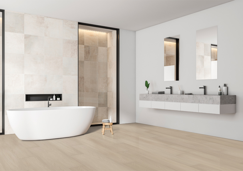 wood look luxury vinyl flooring in bathroom.